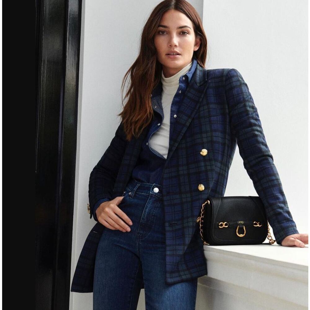 Lauren Ralph Lauren Tartan Plaid Blazer 8P / 8 Petite Blue Green Preppy Academia